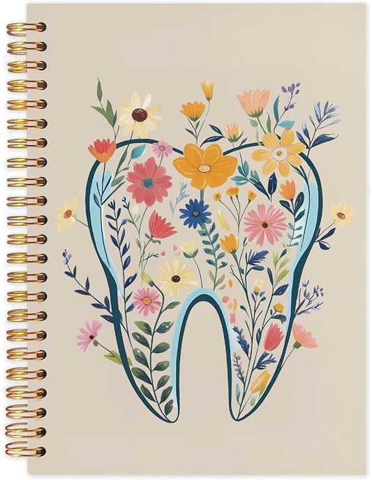 WUCHJ Dentist Gifts Notebook Journal, Dental Assistant Office Gifts for Women, Brown Floral Tooth Dental Spiral Notebook Journal for Note Taking, Dentist Office Supplies, 5.5x8.3 Inch