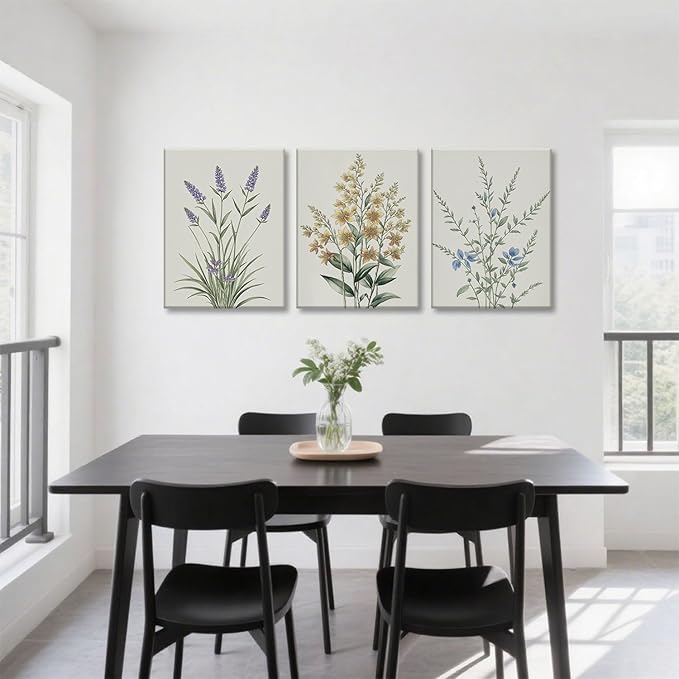 TUEASKY 3 Piece Framed Colorful Wildflower Wall Art Vintage Botanical Canvas Wall Decor Watercolor Floral Prints Poster for Living Room Bedroom Office 12x16in
