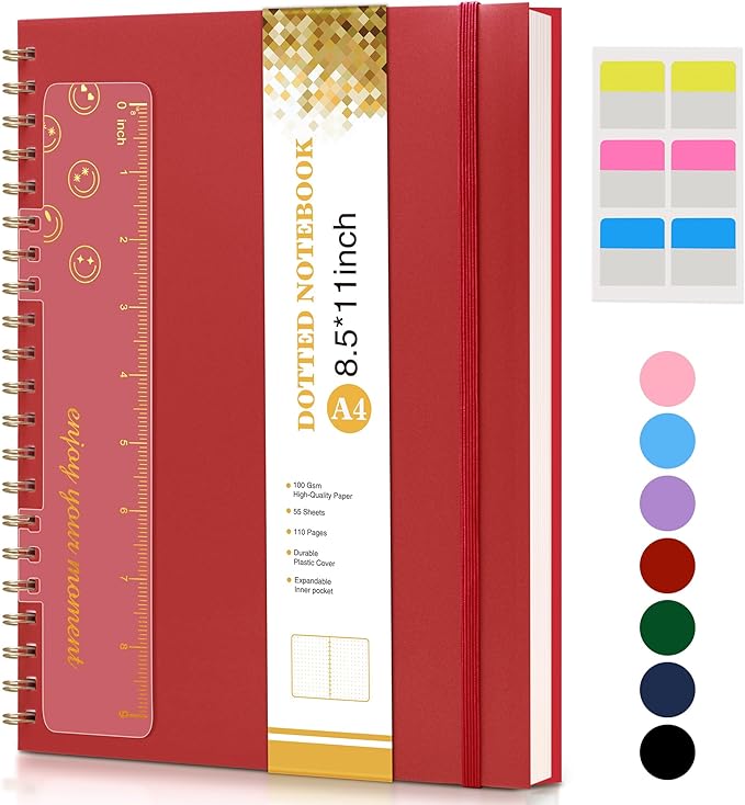 Dotted Notebook, Spiral Notebook Journal 8.5” x 11”, A4 Large Dot Grid Notebooks for Women Men, 100 GSM Dotted Paper, Plastic Hardcover Spiral Bullet Journals for Work School Sketching, Red