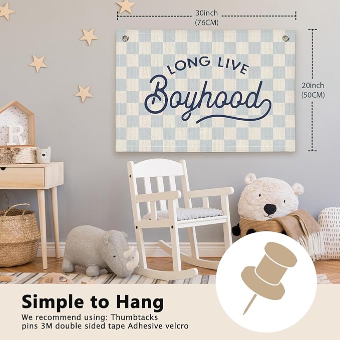 Long Live Boyhood Blue Checkered Boys Room Decor - Linen Banner Wall Hanging Canvas Banner Flag Decor for Toddler Boy Bedroom Nursery Playroom