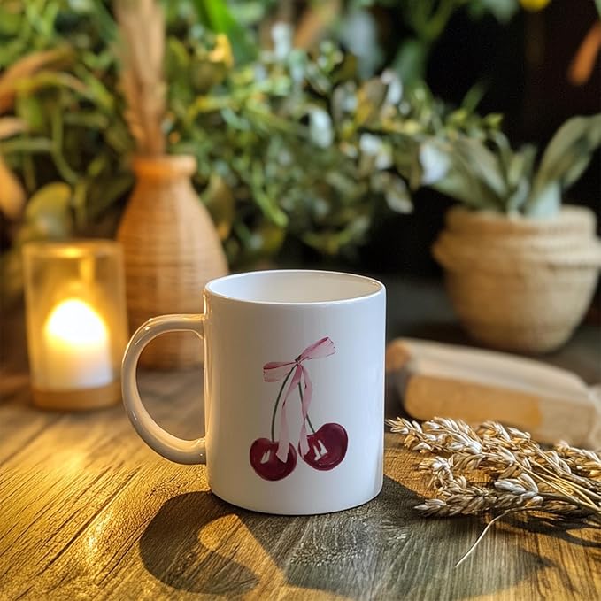 Pink Bow Cherry Coffee Mugs, Cute Preppy Pink Ceramic Coffee Mug Gifts for Women Teen Girls, Coquette Girly Coffee Cup, 11oz Ceramic Cup White