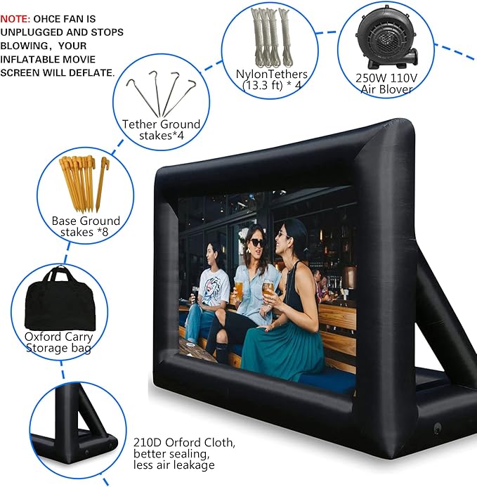 20 Feet Inflatable Outdoor and Indoor Theater Projector Screen - Includes Air Blower, Tie-Downs and Storage Bag - Portable, Supports Front and Rear Projection