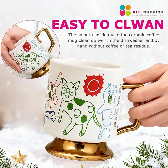 Christmas Mugs Whimsical Animal Ceramic fun Coffee Mug – 14oz Childlike Hand-Drawn Cat, Dog & Bear Design – Cute gothic Coffee Cup Gift for Women, Girls, Kids (white)