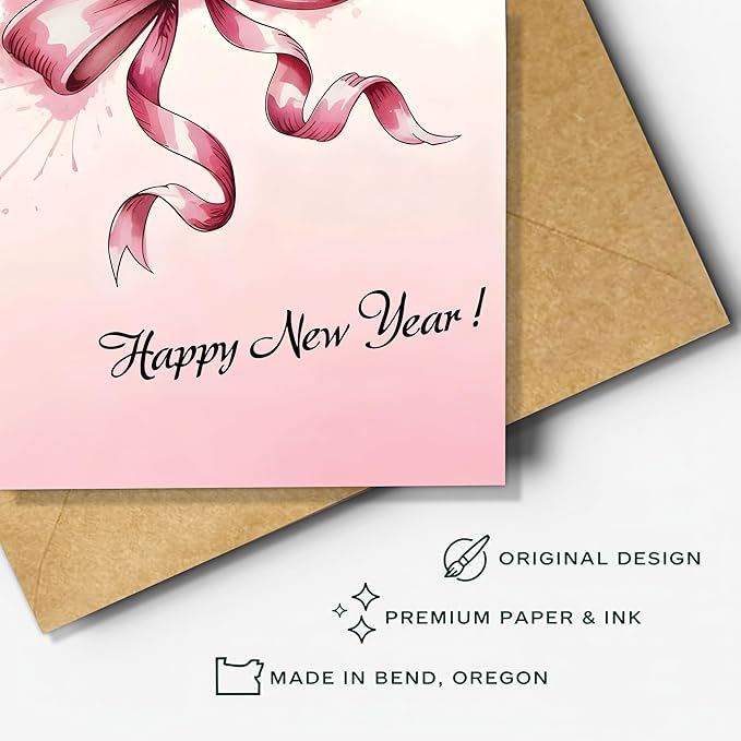 (5.3x8in) Happy New Year Card, Elegant Pink Bow with Watercolor Splash, Classy Greeting Card for Women, Friends, Coworkers or Family, New Year’s Eve Celebration Stationery Envelope (Xmas 38)