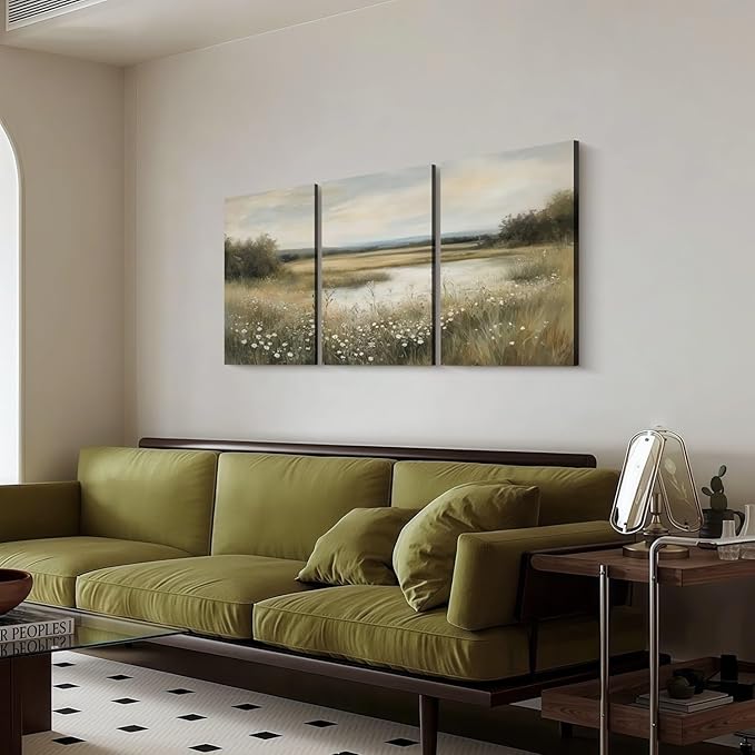 3 Pcs Framed Vintage Wildflower Canvas Wall Art Rustic River Pond Decor Landscape Botanical Print Posters Farmhouse Nature Scenery Pictures for Living Room Bedroom Kitchen 12x16 inch Ready to Hang