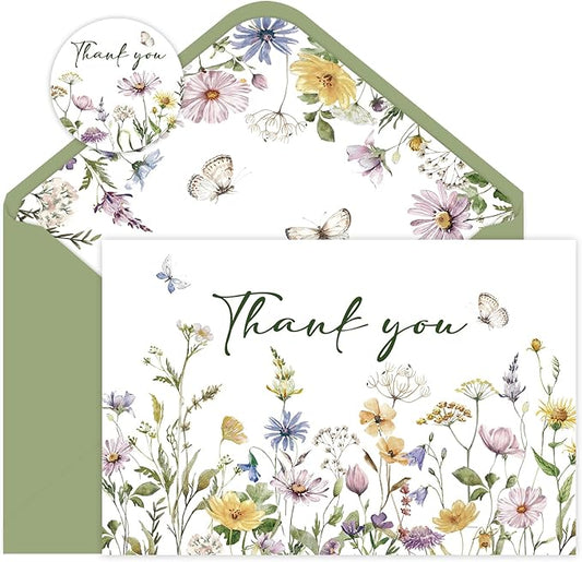 24 Pack Floral Thank You Cards With Envelopes,Watercolor Wildflower Thank You Cards for Baby Shower,Thanksgiving,Teachers,Birthday Greeting Cards