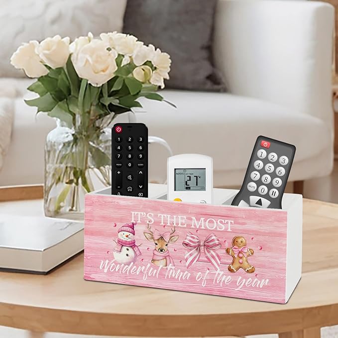 Pink Christmas Pen Pencil Holder Organizer for Desk Accessories, Preppy Coquette Bow Snowman Reindeer Gingerbread Wooden Box Sign Desk Decor for Girly Bedroom Dorm Room Decoration