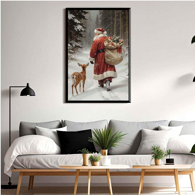 Framed Canvas Wall Art Vintage Santa Claus Print Christmas Wall Art Reindeer Painting Christmas Holiday Decor Winter Forest Painting 8x12in Metal blackFramed