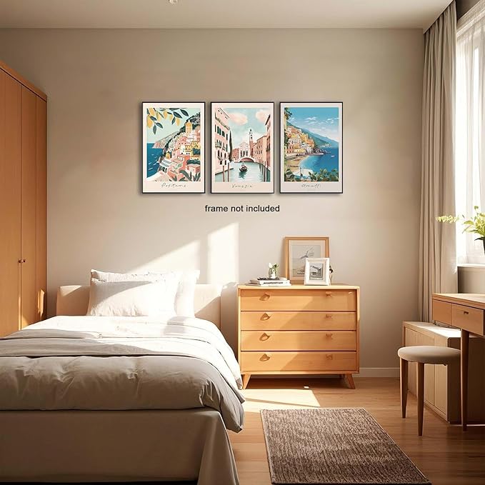 XLARTMY Italy Amalfi Coast Travel Posters Wall Art Canvas Decor City Landscape Blue Venice Coast Painting Beach Modern Artwork for Living Room Bedroom Bathroom Office Set of 3 16x24in Unframed