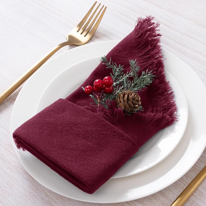 6 Pack Burgundy Red Cotton Linen Napkins with Fringe Christmas Red Cloth Napkins Set of 6 Boho Handmade Dinner Napkins Bulk for Wedding Bridal Baby Shower Valentine's Day, 17 x 17 Inches