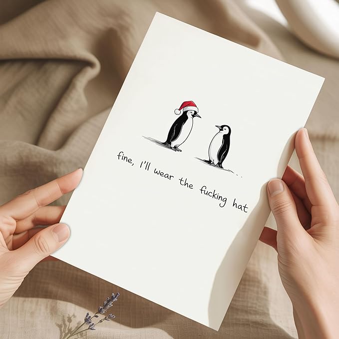 (5.3x8in) Fine I’ll Wear the Hat Funny Penguin Christmas Card with Envelope, Hilarious Adult Holiday Greeting with Swearing Humor, Sarcastic Xmas Card for Friends, Coworkers, Couples (Xmas 36)