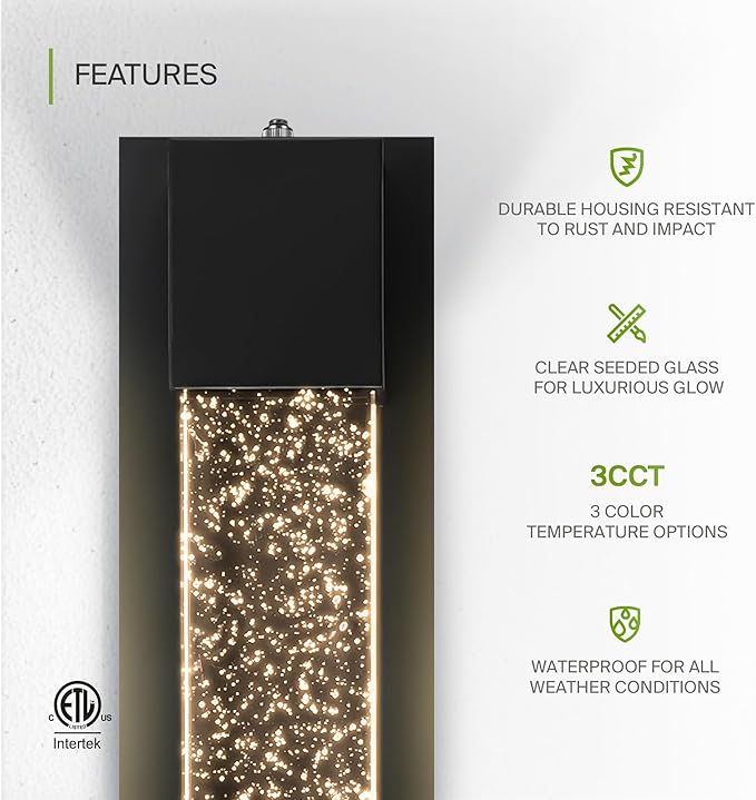 ASD LED 24" Bubble Glass Wall Light Fixture, Outdoor Dusk to Dawn Sconce | 3CCT, Waterproof, Photocell, ETL Listed | 12W 500LM 3000-5000K 120V | Exterior Lantern, Porch Lighting | Black, 2 Pack