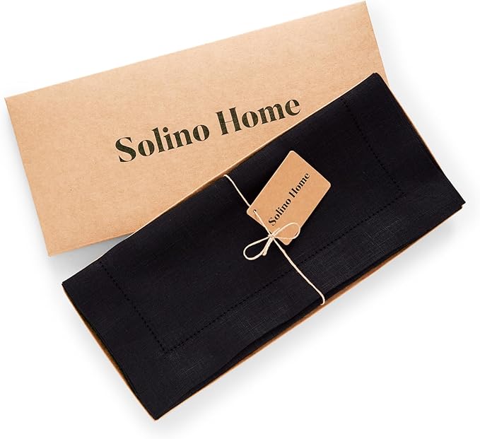 Solino Home Linen Black Table Runner 36 Inches - Medium Weight Hemstitch, 100% Pure Linen Coffee Table Runner 14 x 36 Inch Ideal for Dresser Tables - Winter