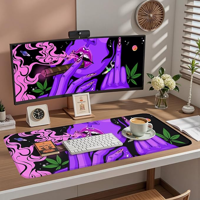 Anime Neon Mouse Pad Cool Girl-31.5x15.7in-Funny Hippie Hippy Desk Mat Trippy Purple Pink Black Art -Gaming Desktop-Desk Protector-for Women Home Office Working