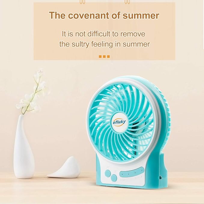 efluky 3 Speeds Mini Desk Fan, Rechargeable Battery Operated with LED Light