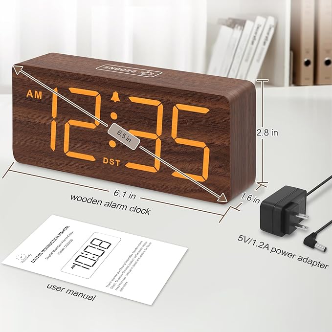 DreamSky Wooden Digital Alarm Clock for Bedroom - Desk Clock with Large Numbers for Living Room Office, Loud Alarm for Heavy Sleepers Adults, Volume Control, Dimmer, DST, Wood Decor (Plug in Clock)