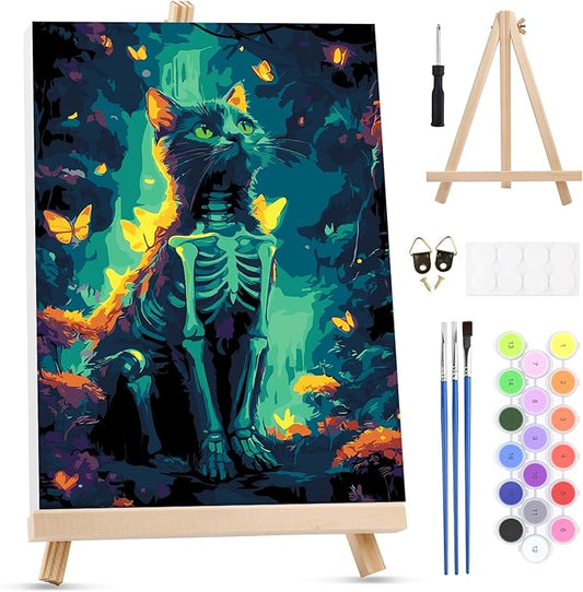 MXJSUA Cat Skeleton Framed Paint by Numbers for Adults Beginners, Easy Adults' Paint-by-Number Kits on Canvas with Easel, Animal Acrylic Number Painting Crafts Kits Gifts for Home Decor, 8x12inch