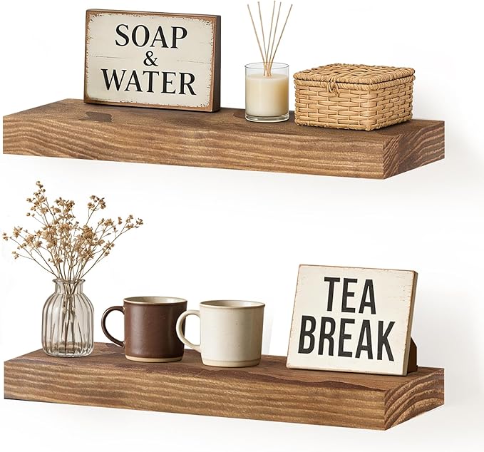 Floating Wall Shelf 16x6.8x1.7 Inch – Solid Wood Shelf in Dark Oak Finish – Wall Mounted Rustic Display Organizer for Bathroom, Kitchen, Bedroom, Small Spaces – Set of 2