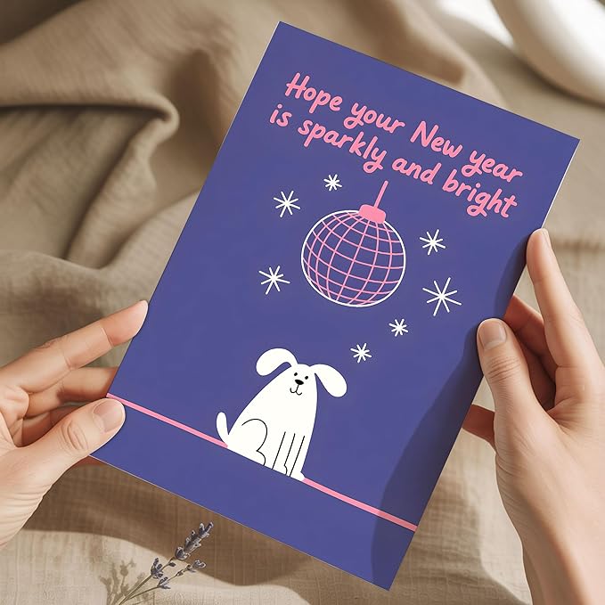 (5.3x8in) Hope Your New Year Is Sparkly and Bright Card with Envelope, Cute Dog and Disco Ball Design, Fun New Year Greeting for Friends, Family, Coworkers, and Pet Lovers (Xmas 30)