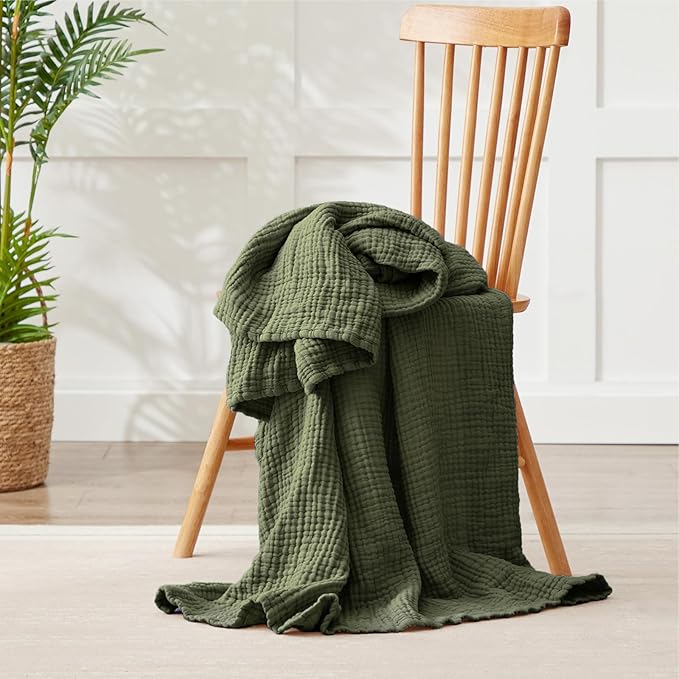 100% Cotton Muslin Blanket Twin 60" x 80", Breathable and Lightweight Cotton Twin Blankets for Couch, Soft Cooling Summer Gauze Blanket for Adults All Season, Olive Green