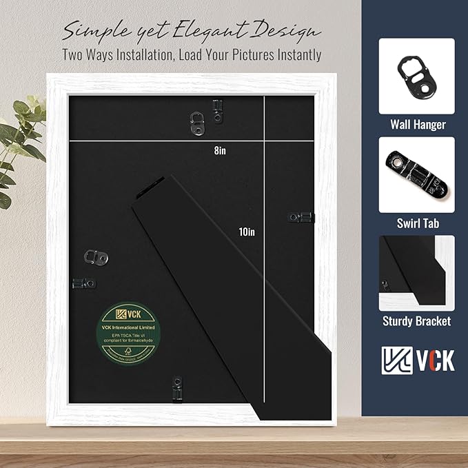 VCK 8x10 Picture Frames White Set of 5, Wide Border Wood, Tempered Glass, Display 5x7 Photo with Mat or 8 x 10 without, for Home, Office, Gallery, Woodgrain Series, Tabletop & Wall Hanging