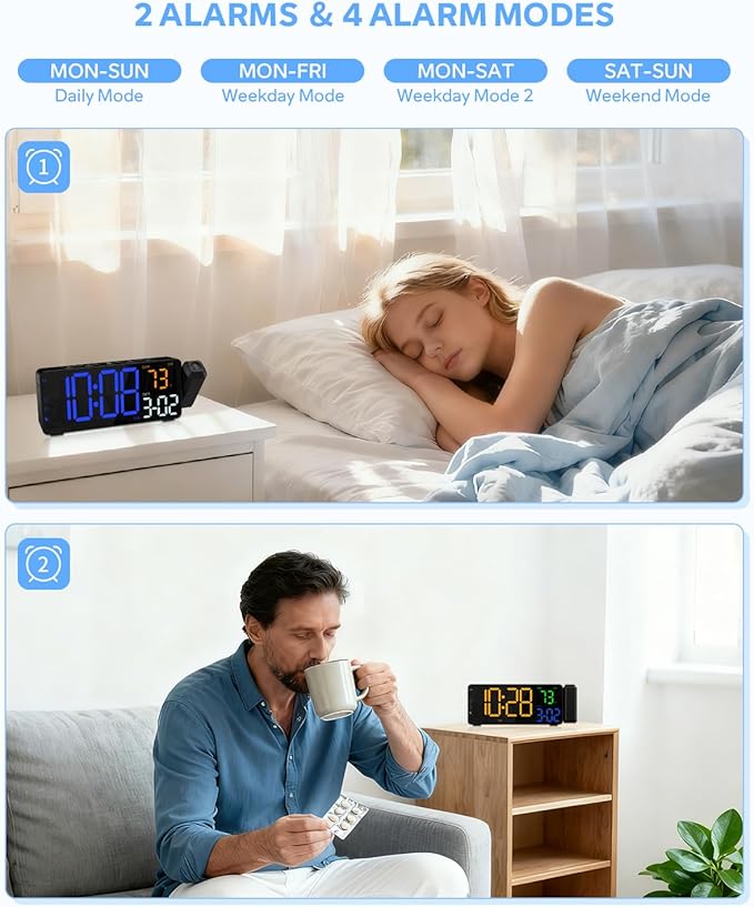 Projection Alarm Clocks, RGB Desk Clock with 180° Rotatable Projector 15 Color Display, Date Temperature and Weekday, DST, Snooze, Ambient Lighting for Living Room,Bedroom Bedside Office Decor