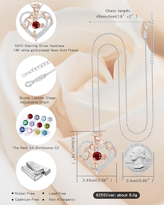 Mothers Day Gifts for Mom - Rose Heart Necklaces for Women, 925 Sterling Silver Birthstone Jewelry to My Wife Necklace, Birthday Gifts for Mother Grandma Girlfriend Her