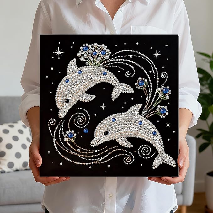 DIY Pearl Painting Kit with Wooden Frame, 3D Plastic Pearl Gemstone Ocean Art Craft for Adults Beginners, Diamond Art Kits for Adults, Home Wall Decor Ready Gift for Women(Dolphins)(30 * 30cm)