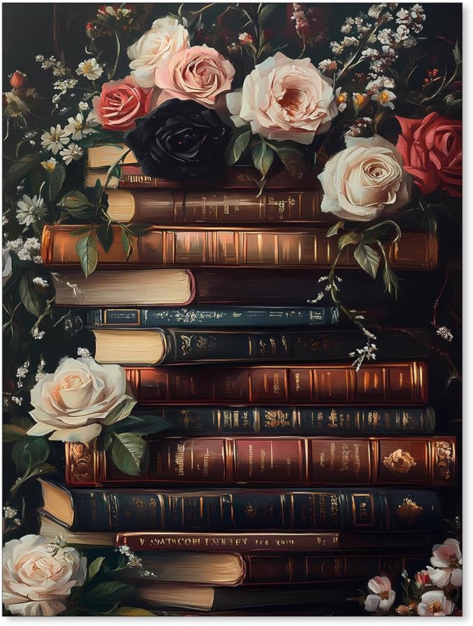 Dark Academia Book Canvas Posters Moody Botanical Floral Wall Art Vintage Antique Victorian Aesthetic Oil Painting for Gallery Library Wall Decor 08x10 inch Unframed