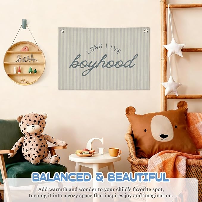 Long Live Boyhood Banner Wall Hanging, Boys Room Decor Wall Art,Preppy Blue Striped Wall Decor Hanging Print for Kids Boys Toddler Nursery Bedroom Playroom 30X20 Inch