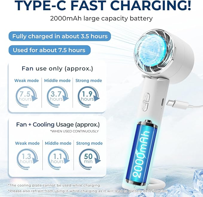 Mini Portable Cooling Handheld Fan Three-Speed Personal Small Desktop with Base Stand Type-C Charging Powerful Handheld Fan for Travel/Outdoor/Gifts/Makeup