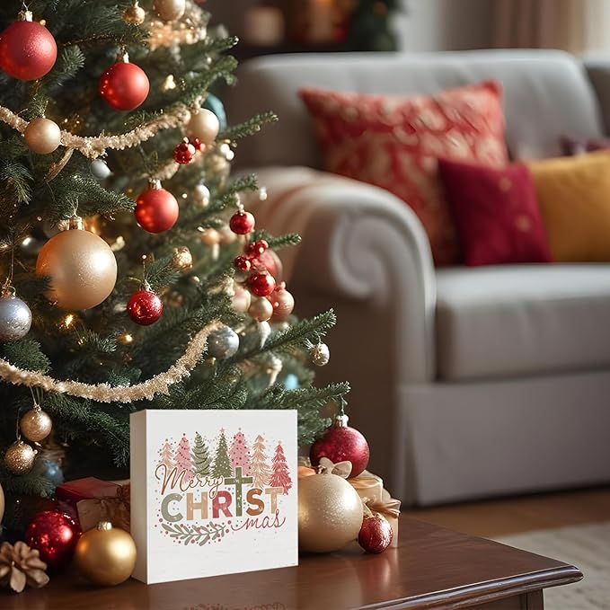 Pink Christmas Trees Wooden Box Sign，Merry Christmas Sign，Farmhouse Rustic Wood Block Plaque for Home Desk, Christmas Office Decorations for Work Desk, Christmas Gifts for Women Funny 5x5