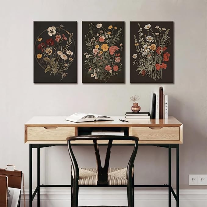 TUEASKY 3 Piece Dark Floral Canvas Wall Art Vintage Botanical Wall Art Moody Flower Decor Black Wildflower Art Prints for Living Room Bedroom Office 16x24in Framed