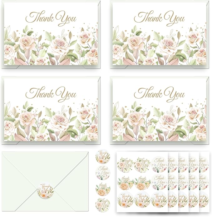 48Pcs Thank You Cards with Envelopes and Stickers for Weddings, Bridal Shower, Baby Shower, Small Business