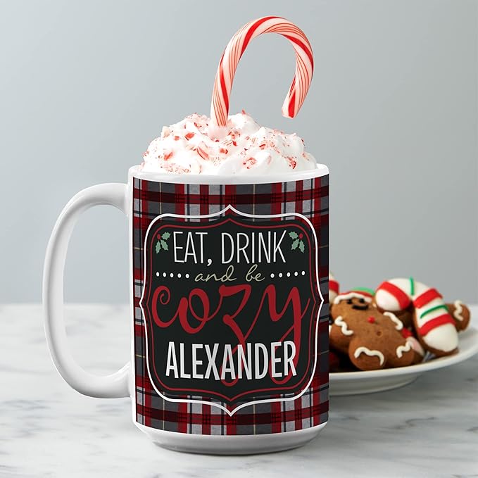 Let's Make Memories Personalized Coffee Mug - Christmas Holiday Stocking Stuffer - Customize Name - Holds 15 Oz. - Eat, Drink and Be Cozy
