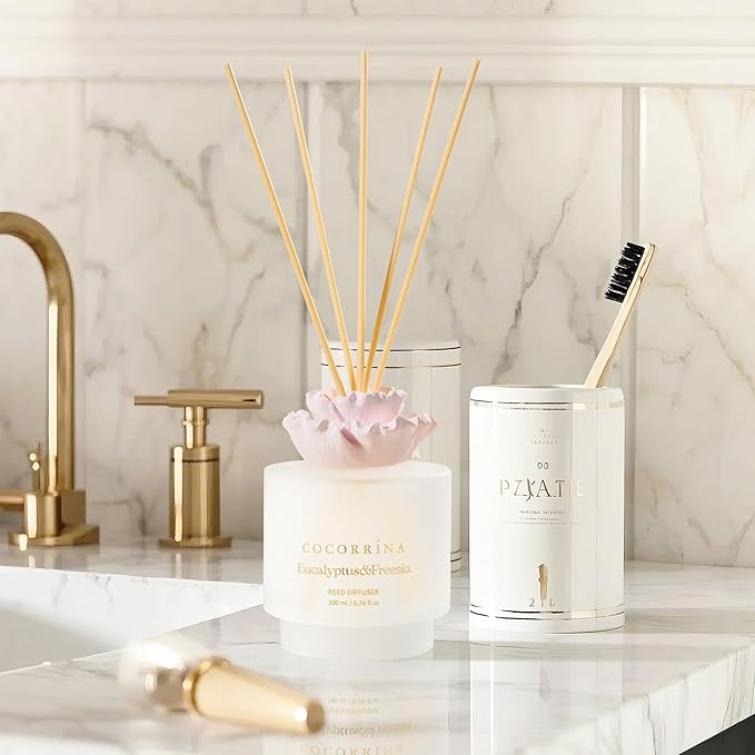 COCORRÍNA Gypsum Flower Reed Diffuser – Eucalyptus & Freesia Scent, 6.76 oz Oil with 8 Sticks, Long-Lasting Home Fragrance for Bathroom Décor