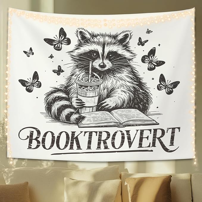STHTTSW Reading Tapestry, Classroom Booktrovert Raccoon, Bookish Wall Hanging Decor for Dorm Bedroom 50x60 Inch