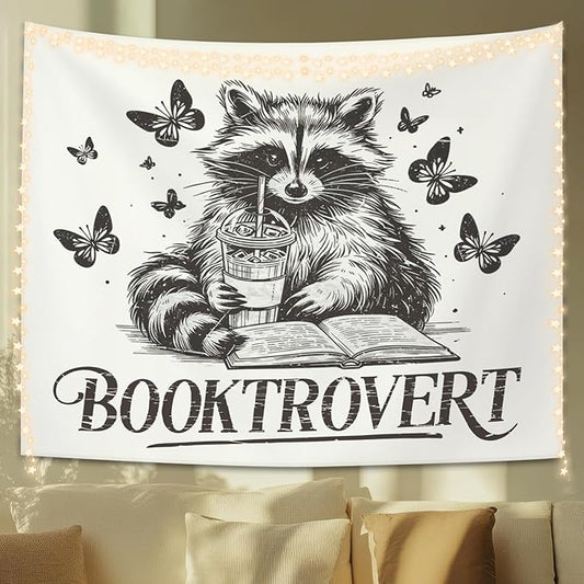 STHTTSW Reading Tapestry, Classroom Booktrovert Raccoon, Bookish Wall Hanging Decor for Dorm Bedroom 50x60 Inch