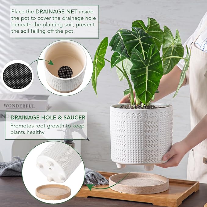 Indoor-Outdoor Ceramic Plant Pots: 8 Inch Flower Pots with Drainage Hole & Saucer - Decorative Ceramic Pots for Plants Herbs Succulents - Home Garden Patio Lawn Use (White)