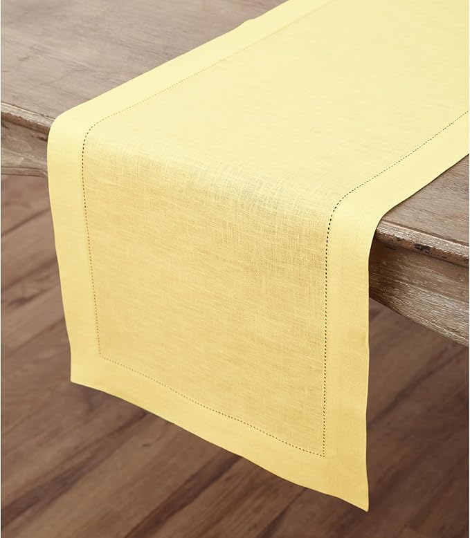 Solino Home Linen Yellow Table Runner 156 Inches Long - 100% Pure Linen Extra Long Table Runner 14 x 156 Inch for Valentines, Spring, Easter - Classic Hemstitch