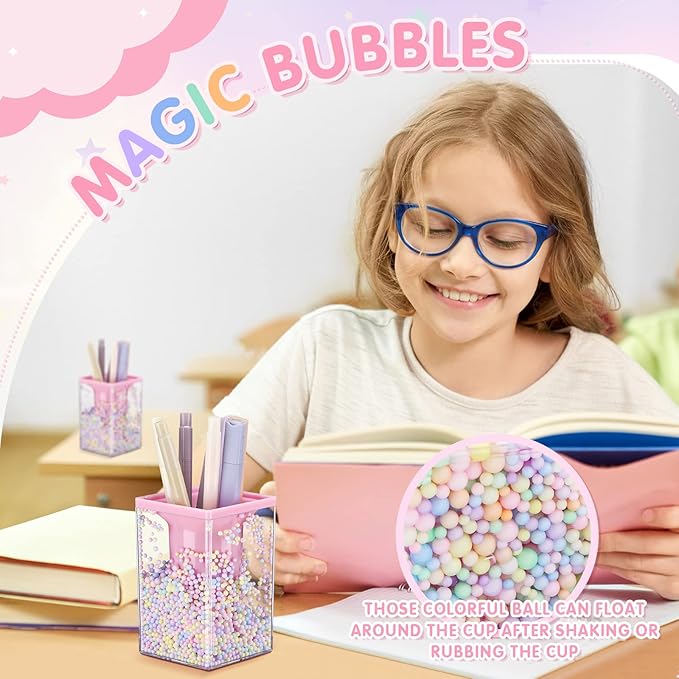 Zonon 2 Pieces Cute Bubble Pen Holder Multi-purpose Desktop Organizer Back to School Gift Kawaii Office Supplies Pastel Desk Accessories Stationery Makeup Brush Holder with Bubble Ball(Pink)