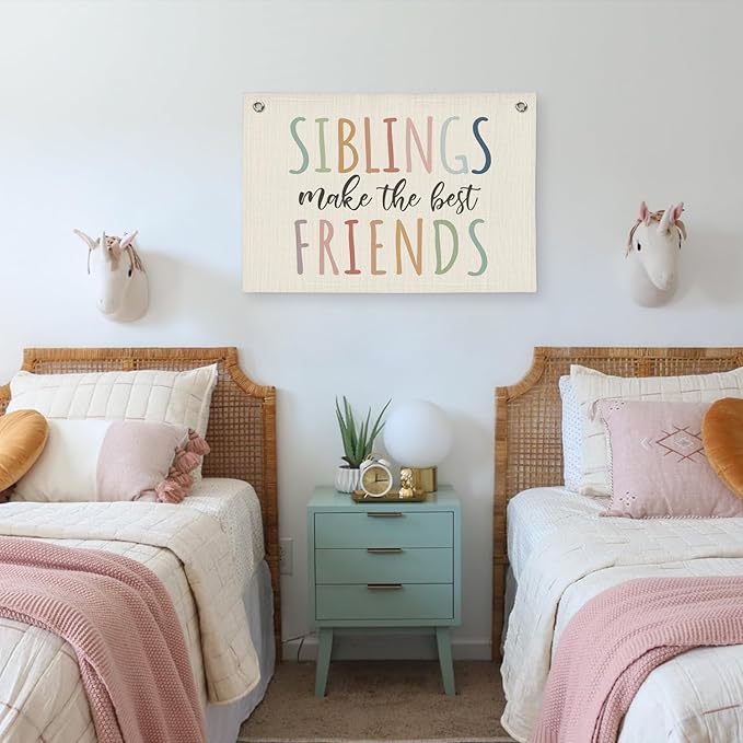 Playroom Wall Decor, Siblings Make The Best Friends, Canvas Banner Wall Hanging Banner Flag Decor for Nursery Classroom Playroom Kids Room