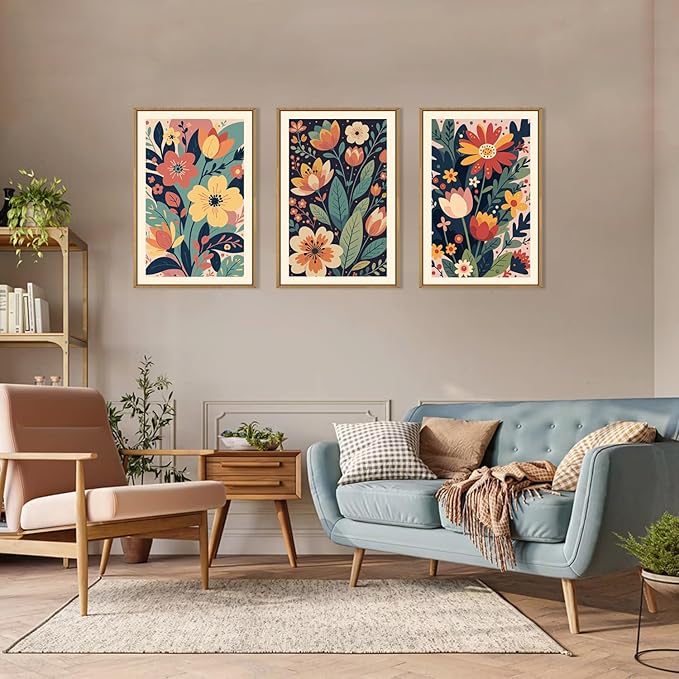 KAIRNE Vintage Colorful Floral Framed Canvas Wall Art Set of 3, Mid Century Modern Flower Wall Decor, Wildflower Plant Painting, Boho Botanical Art Prints for Living Room, Bedroom, Office, 16X24 Inch