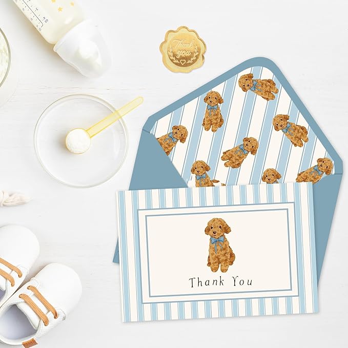 JarThenaAMCS 24 Pack Dog Thank You Cards Greeting Cards Blue Stripe Dog Blank Note Card with Envelopes Stickers for Birthday Baby Shower Party Supplies, 4 x 6 Inch