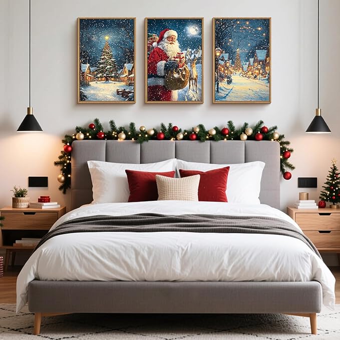 KAIRNE Christmas Wall Art Set of 3, Santa Claus & Reindeer Artwork, Nostalgic Xmas Tree, Winter Village Scene Prints, Festive Holiday Decor for Living Room Bedroom Fireplace, 16×24 inch