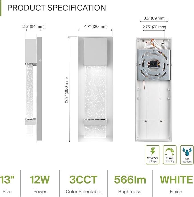 ASD LED 13" Bubble Glass Wall Light Fixture, Outdoor & Indoor Seeded Sconce | 3CCT, Waterproof, Dimmable, ETL Listed | 12W 500LM 3000-5000K 120V | Exterior Lantern, Porch Lighting | White