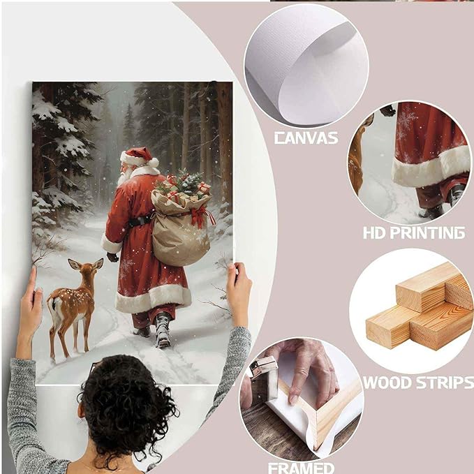 Framed Canvas Wall Art Vintage Santa Claus Print Christmas Wall Art Reindeer Painting Christmas Holiday Decor Winter Forest Painting 16x24in Wood Framed