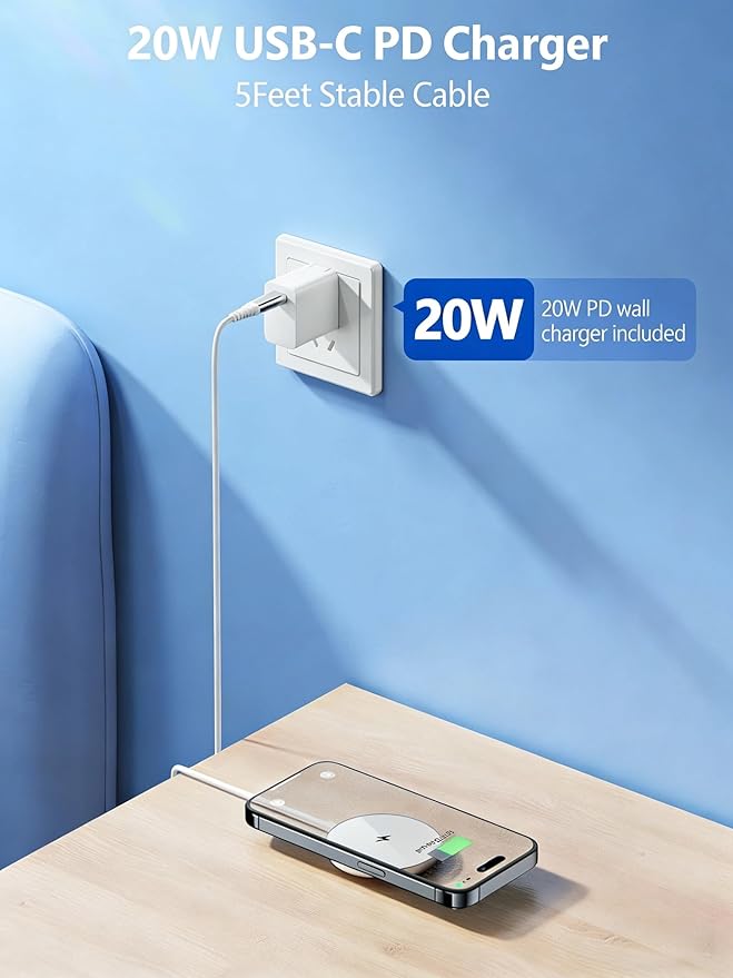 NANAMI Magnetic Wireless Charger Pad with 20W PD Adapter,for MagSafe iPhone 17/16/15/14/13/12 Series & AirPods 3/2/Pro/Pro 2,Non-Slip Base & Strong Magnetic Alignment for Desk and Office Use(White)