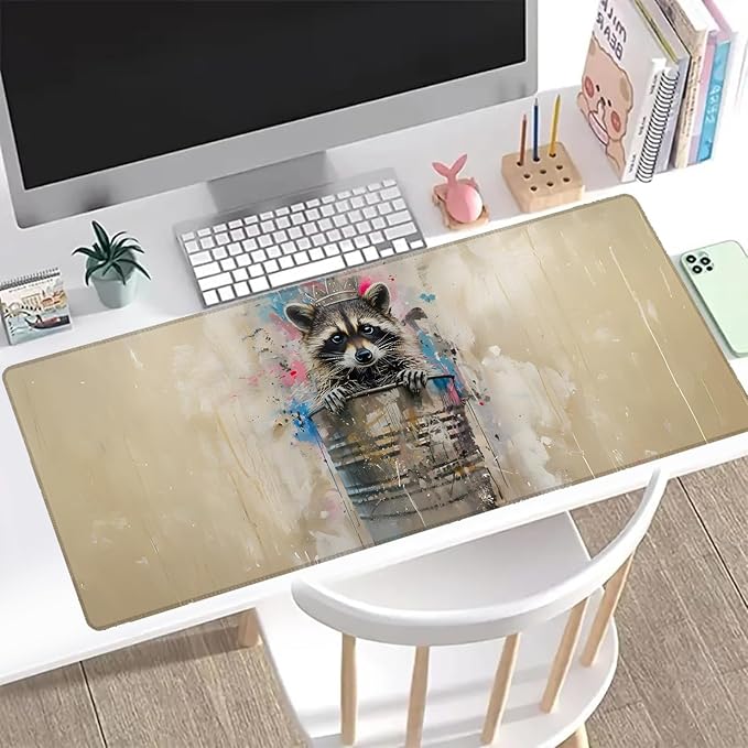 Raccoon Gaming Mouse Pad, Office Desk Mat, Anti-Slip Rubber Base Cool Aesthetic Mouse Pads for Computer Laptop Keyboard School Home Desktop Gamer Home Accessories Decor 31.5" x 11.8"