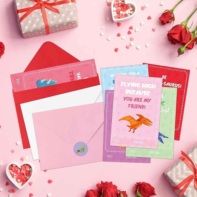 TICIAGA 24 Set Valentine's Day Dinosaurs Greeting Cards with Envelop Cartoon Dino Fill in Blank Sticker for Kids T-Riffic Notecard Exchange Gifts for Boys and Girls School Classroom Party Favors